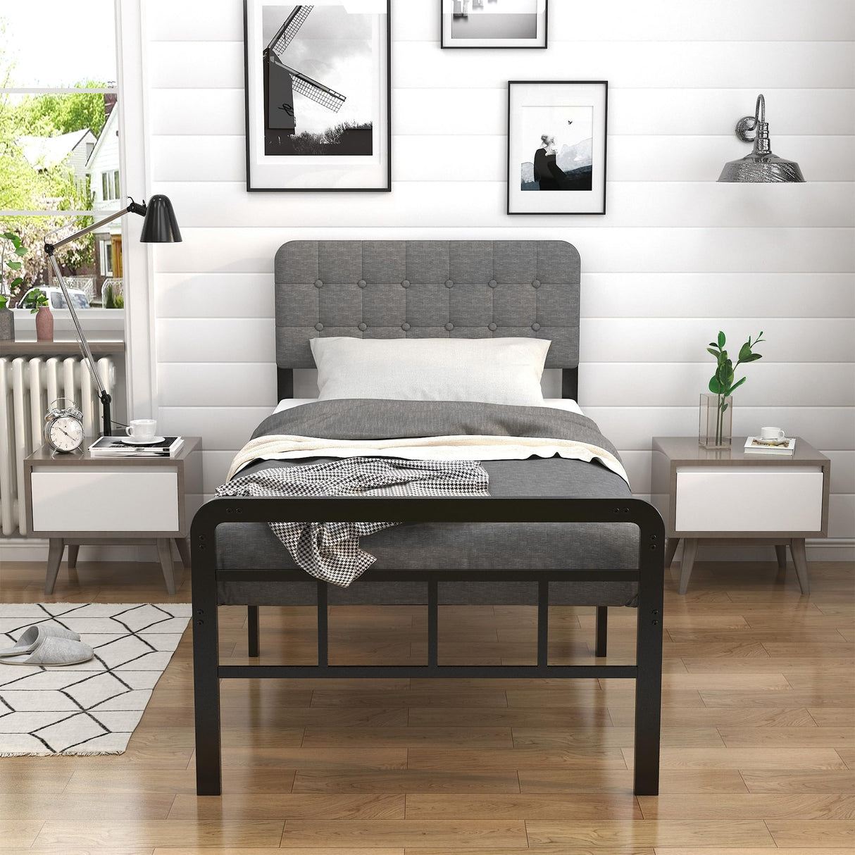 EMODA 16 Inch Twin Size Bed Frames with Upholstered Headboard and Metal Footboard, Heavy Duty Metal Slats Support Mattress Foundation, No Box Spring Needed, Easy Assembly EMODA