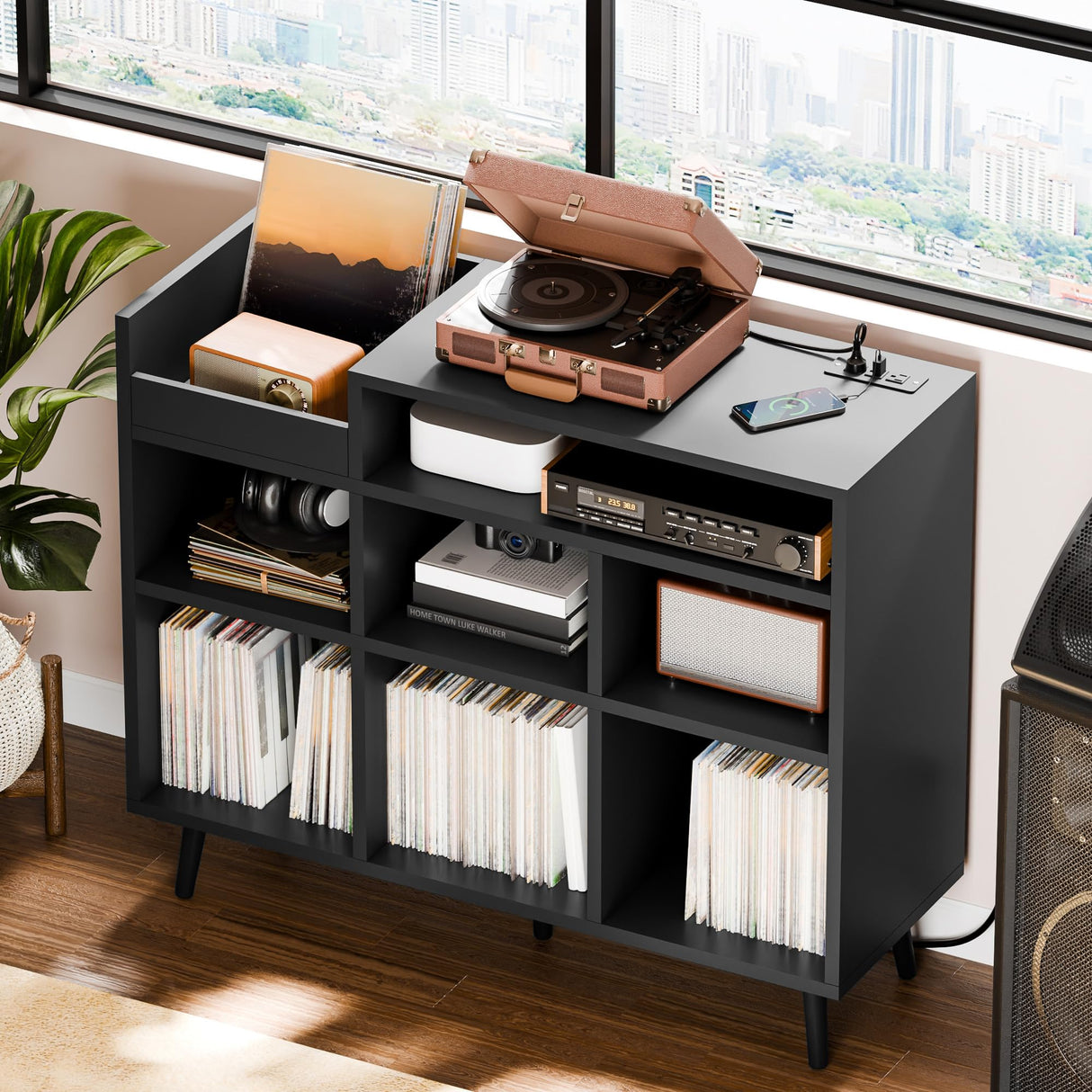 Cozy Castle Record Player Stand, Turntable Shelf with Vinyl Storage up to 500 Albums, Vinyl Record Player Shelf with Power Outlet Sideboard Buffet Cabinet with Storage Accent Cabinet, Black Cozy Castle