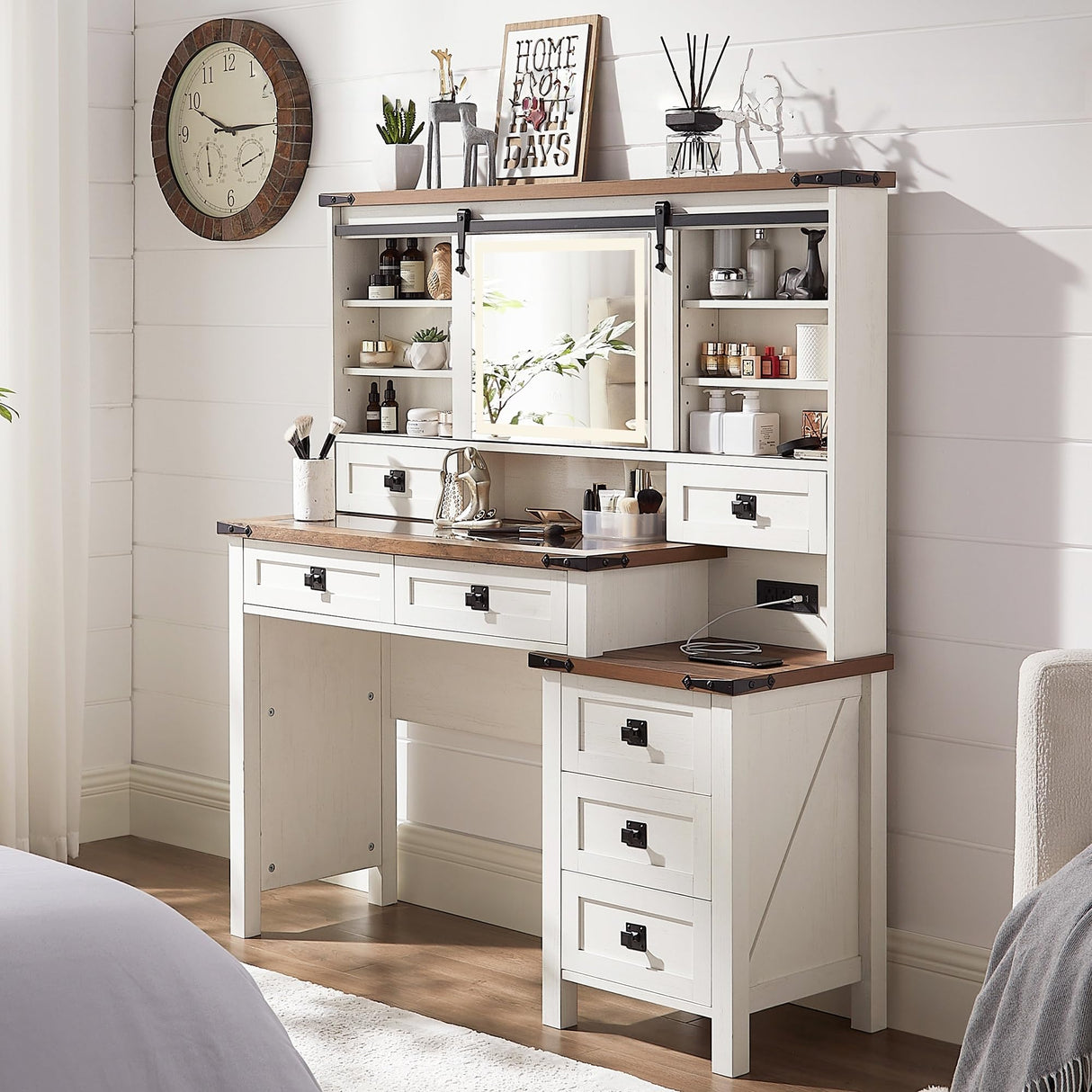 RedLemon 48'' Farmhouse Makeup Vanity Desk with Led Lighte Mirror,Modern Vanity Table with 7 Drawers & Charging Station, Glass Top Dressing Table for Bedroom (Antique White) RedLemon