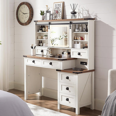 RedLemon 48'' Farmhouse Makeup Vanity Desk with Led Lighte Mirror,Modern Vanity Table with 7 Drawers & Charging Station, Glass Top Dressing Table for Bedroom (Antique White)