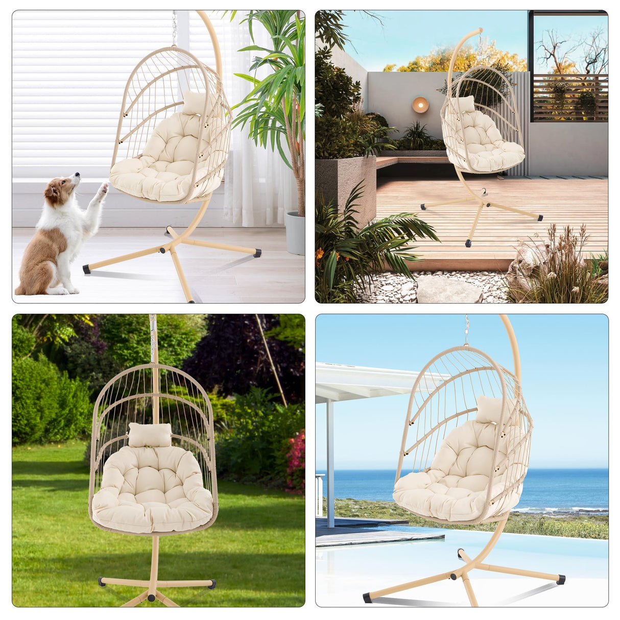 Swing Egg Chair with Stand Foldable Hanging Egg Chair Indoor Outdoor Wicker Rattan Basket with UV Resistant Cushions for Bedroom Balcony Backyard 350lbs Capacity (Beige) WoodArtSupply