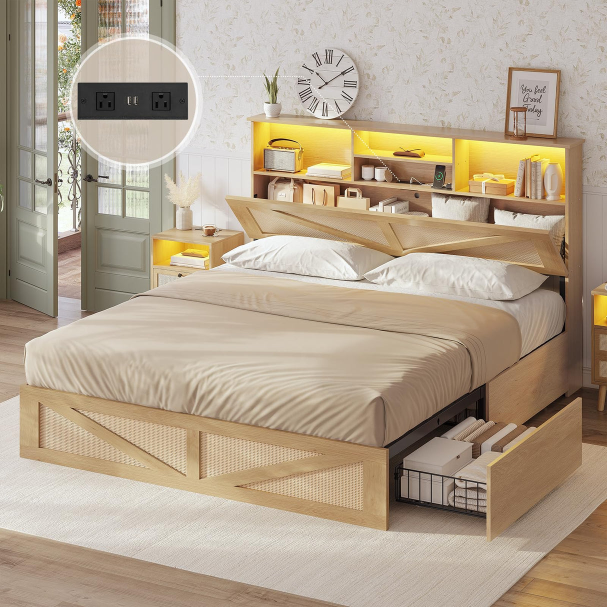 AOGLLATI Queen Bed Frame with 4 Storage Drawers and 2-Tier Bookcase Hidden Headboard, Rattan Led Bed Frame Queen Size with Charging Station, No Box Spring Needed, Wood AOGLLATI