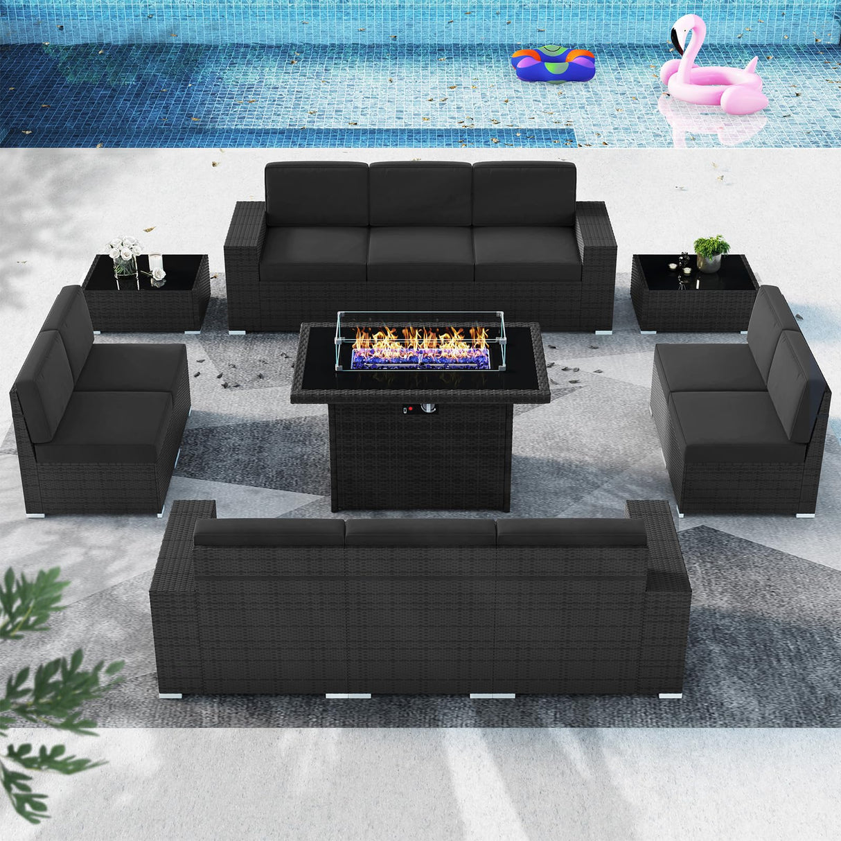 Vakollia 13 Pieces Patio Furniture Set with 44" Propane Gas Fire Pit Table, Outdoor Sectional Wicker Conversation Sofa Sets with Coffee Table Vakollia
