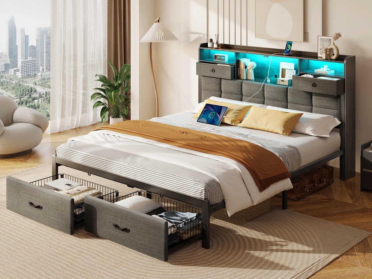 Rolanstar Bed Frame Full Size with Drawers and Charging Station, Upholstered Platform Bed with Storage Headboard and LED Light, Heavy Duty Metal Frame Support, No Box Spring Needed, Noise Free, Grey Rolanstar