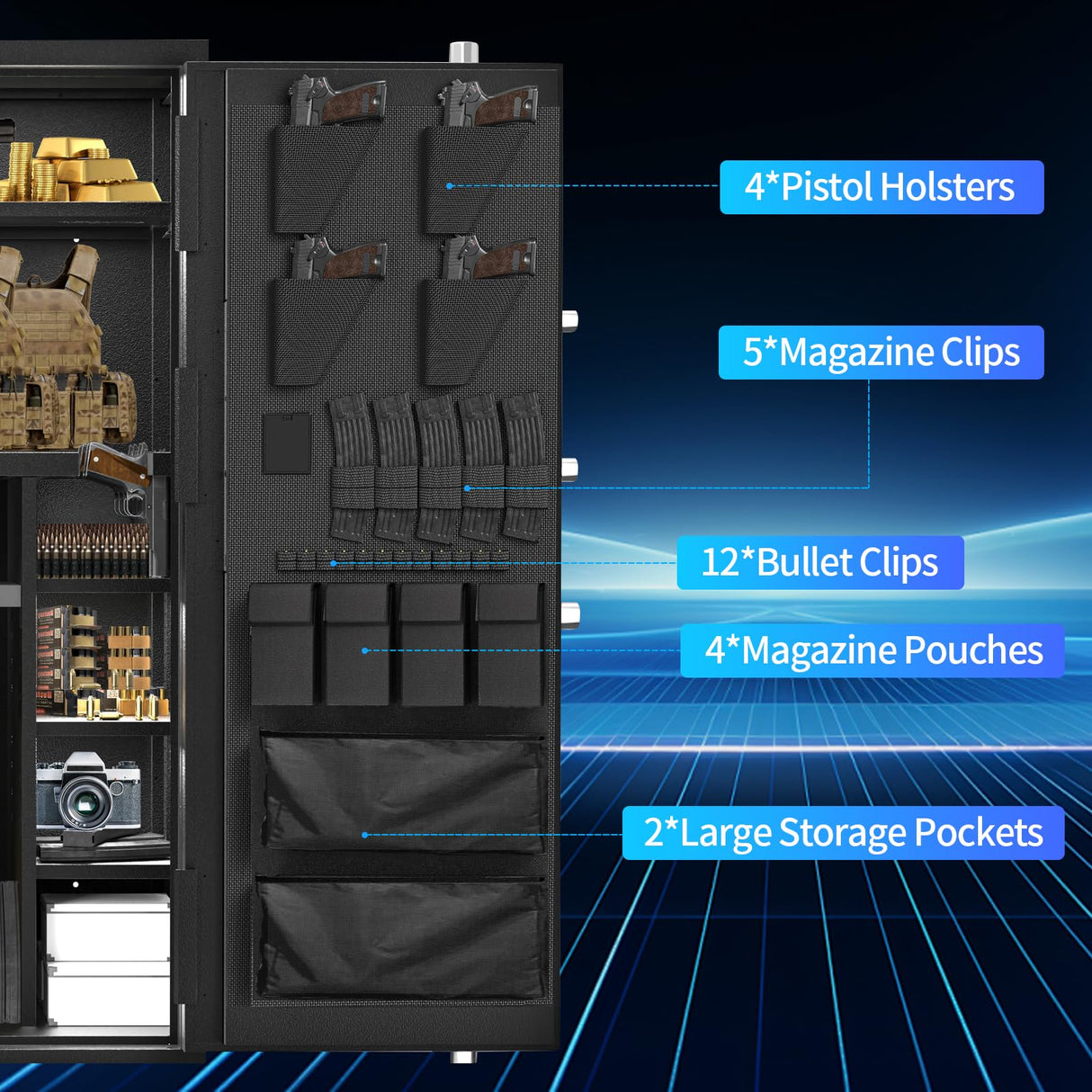 Large Rifle Safe, 30 Gun Safe for Rifle and Shotgun/Rifle Pistol Rack/Storage Pocket/Removable Shelf/Silent Mode/External Battery/Key/LED,180° Open Door Panel Organizer Unassembled Gun Safe TTSITG