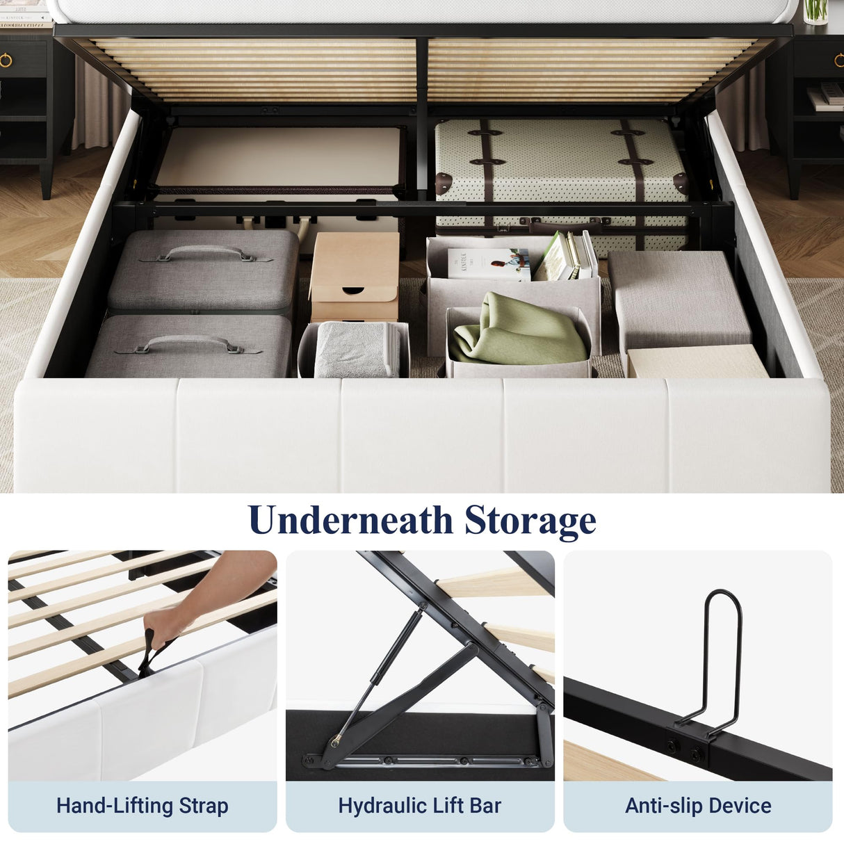 Allewie Queen Size Velvet Lift Up Storage Bed Frame, Vertical Channel Tufted Headboard, Hydrualic Underneath Storage, Upholstered Platform Bed, Wooden Slats Support, No Box Spring Needed, White Allewie