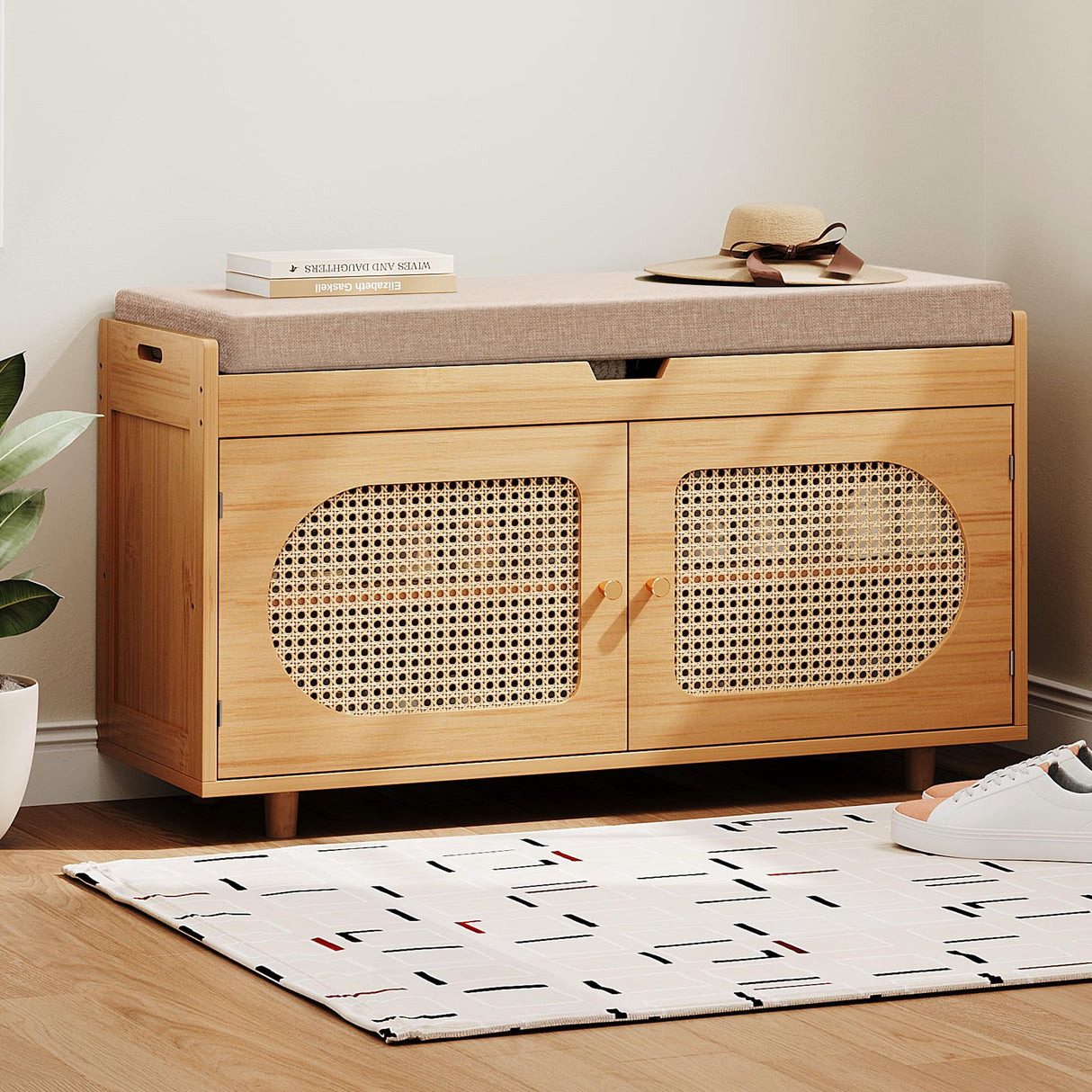 PETKABOO Rattan Shoe Storage Bench,Bamboo Entryway Bench, 2-Tier Shoe Rack,35.4" W x 12.6" D x 19.7" H with 2 Doors & Padded Seat Cushion for Entryway, Living Room, Bedroom, Natural PETKABOO