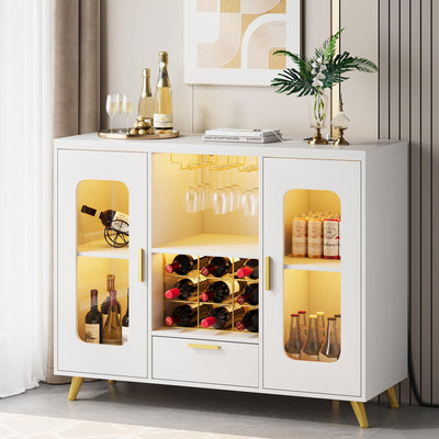 Condemo Wine Bar Cabinet with LED Light, Modern Coffee Bar Cabinet with Power Outlet, Liquor Cabinet with Wine Rack Glasses Holder, Sideboard Buffet Cabinet for Dining Room Living Room Kitchen, White