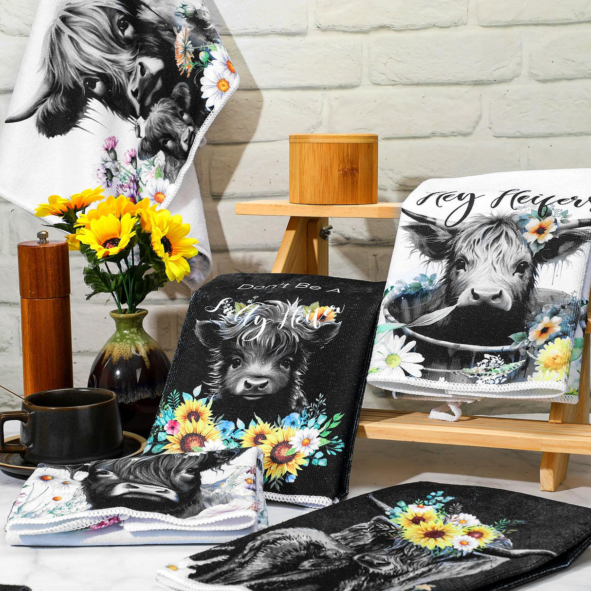 Boyiee Set of 6 Highland Cow Kitchen Towels Hello Heifers Tea Towels Absorbent Dish Towels 24 x 16 Inches Kitchen Gifts Just Who Loves Cow Hand Towels for Farmhouse Kitchen Bathroom Decorations Boyiee