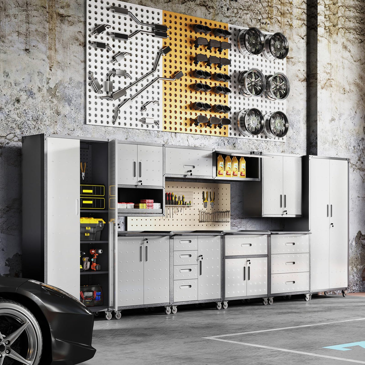 AQY Metal Garage Storage Cabinets System,5 Piece Workshop Steel Cabinet Set Included Lockable Garage Storage Cabinet with Drawers Shelves Rolling Chest and Wheels,Assembly Required AQY