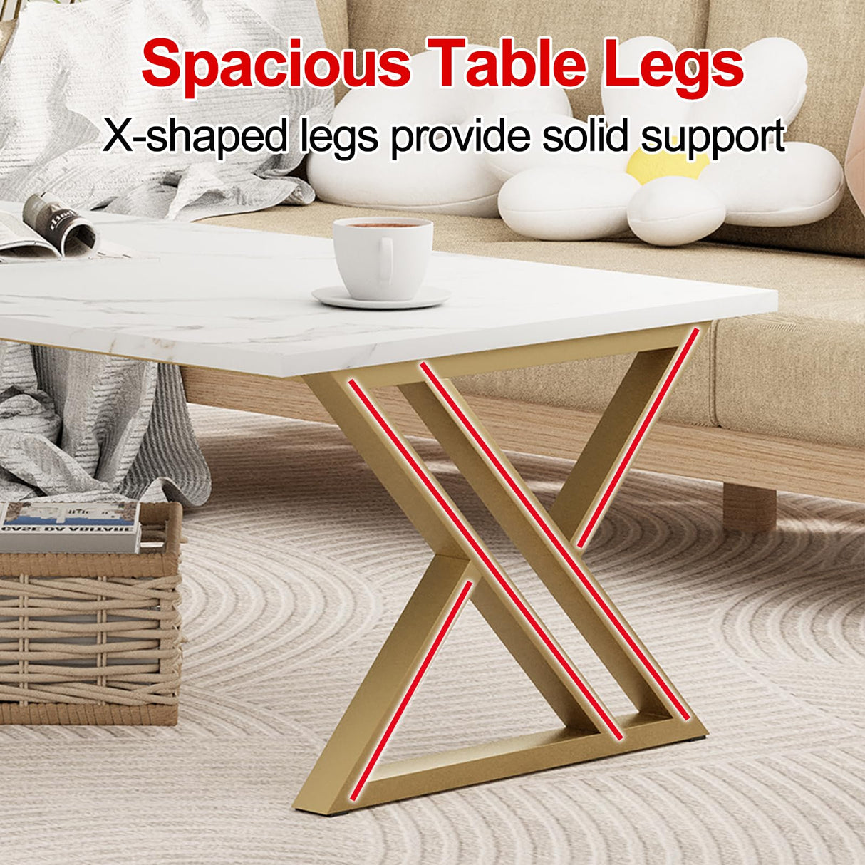 Wolawu Coffee Table Living Room Table White Center Table, Simple Modern Faux Marble Rectangular Tea Tables with Sturdy Gold Metal Frame,Industrial Wooden Coffee Table for Bedroom Home Office Wolawu