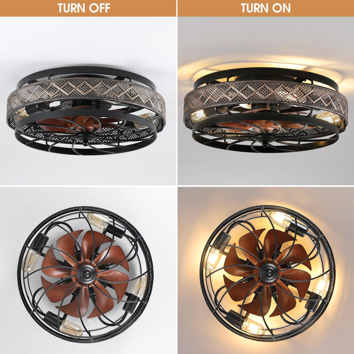 SHIHOT Low Profile Caged Ceiling Fans with Lights and Remote, Flush Mount Ceiling Fan with Light, Bedroom Fan, Small Industrial Black Ceiling Light Fixture, Reversible(Bulbs not Included) SHIHOT