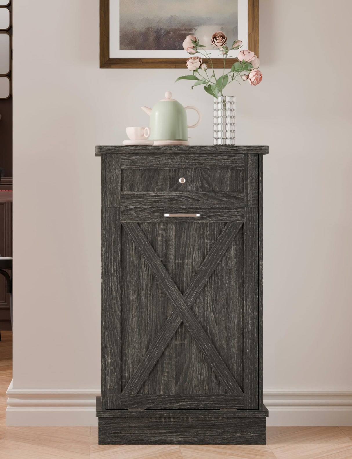TOLEAD Tilt Out Trash Cabinet,Antique-Style Barn Door Kitchen Island with Solid Wood Tabletop & Drawer, Pet Proof Trash Can, Wood Laundry Cabinet(Oak Grey) TOLEAD