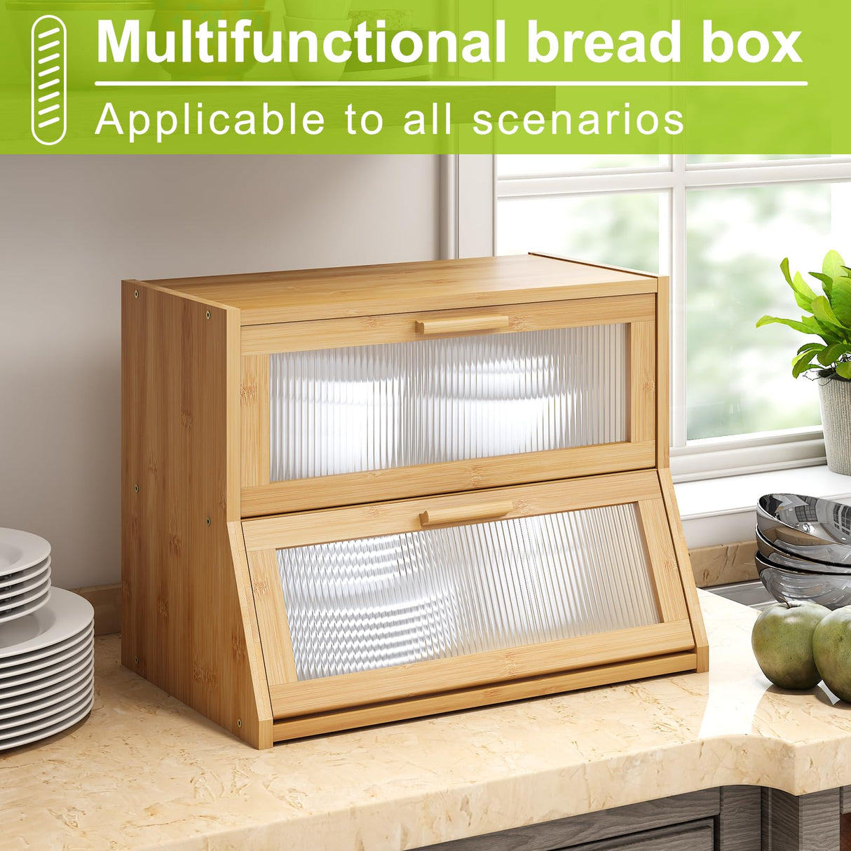 Large Bread Box Double Layer Bamboo Bread Box for Kitchen Counter Container Farmhouse Bread Box Bread Holder Capacity Bread Storage Bin(Natural) BMOSU