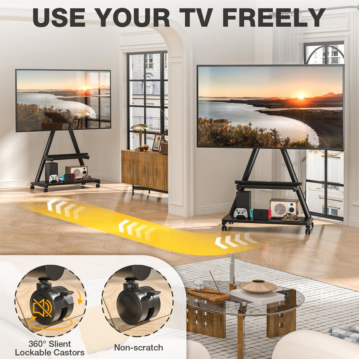 TVON Rolling TV Stand for 43-80" TVs up to 150lbs, Portable TV Stand on Wheels with Enhanced Triangular Design, Height Adjustable Mobile TV Stand with Swivel/Tilt/Dual Shelves for Indoor/Outdoor Use TVON