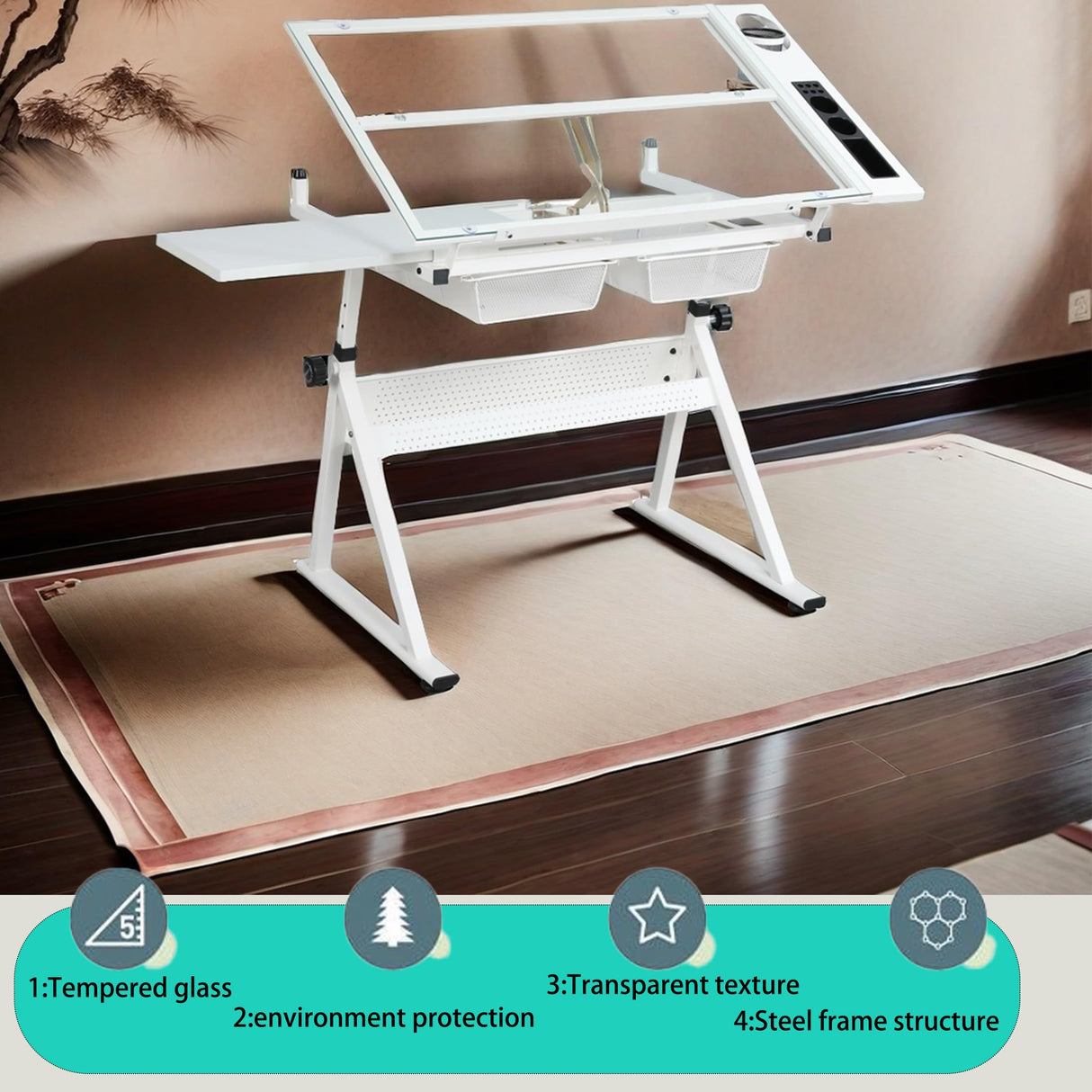 Adjustable Drafting Table for Adults Professional Art Table 2 Storage Drawers Height Adjustable Home Office Reading Painting Tempered Glass Top Modern White Design Doeqkue