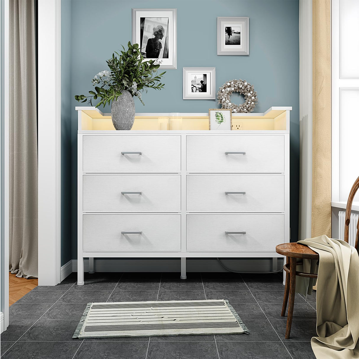 BOLUO White Dresser with LED Light and Charging Station for Bedroom 6 Drawer Dresser with USB Outlet, Dressers & Chests of Drawers Fabric Dresser for Closet Modern BOLUO