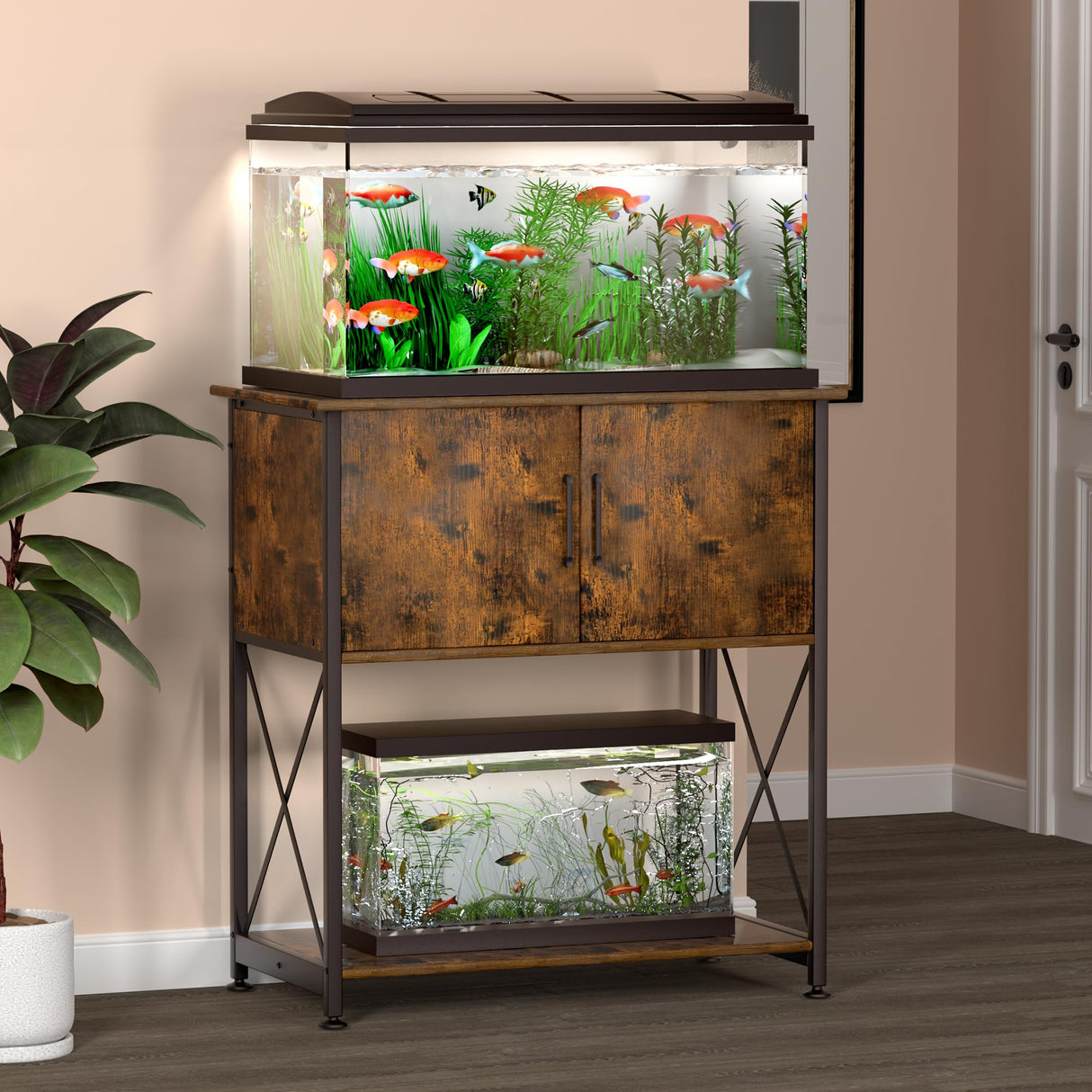 Herture 20-29 Gallon Aquarium Stand Metal Frame Fish Tank Stand with Cabinet Storage, for 20 Gallon Long Aquarium,30.7" L*16.5" W Tabletop,330LBS Capacity Rustic Brown and Black PG01YGN Herture