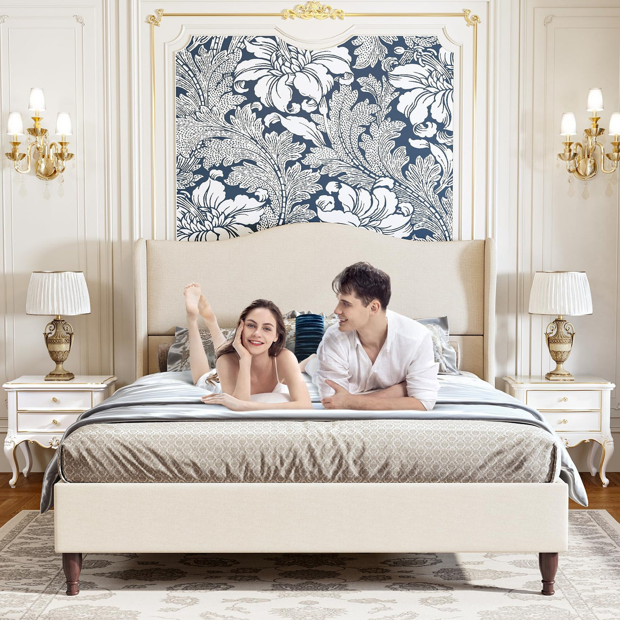 Koorlian King Size Upholstered Platform Bed with 51" Wingback Headboard - Retro Beige Design, No Box Spring Needed koorlian