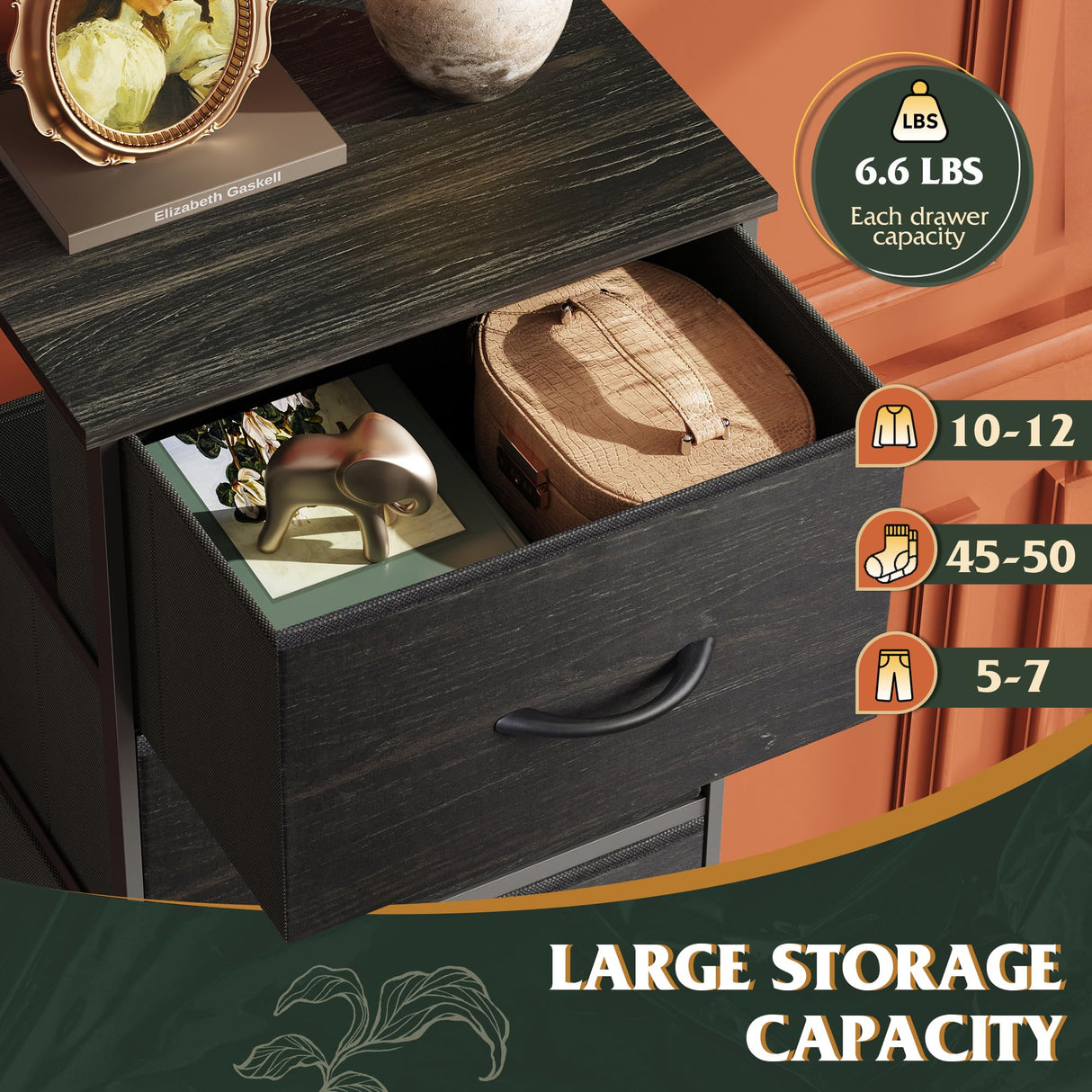WLIVE Fabric Dresser, 5-Drawer Tall Dressers for Bedroom, Storage Dresser Organizer with Wood Top, Sturdy Steel Frame, Chest of Drawers for Closet, Hallway, Charcoal Black Wood Grain Print WLIVE