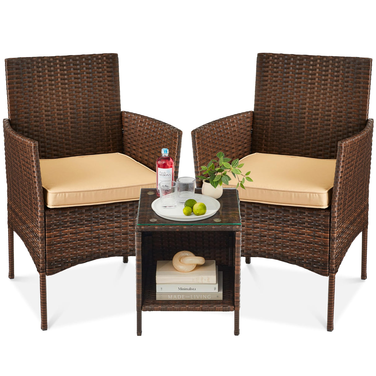 Best Choice Products 3-Piece Outdoor Wicker Conversation Bistro Set, Space Saving Patio Furniture for Garden w/Side Table - Brown/Tan Best Choice Products