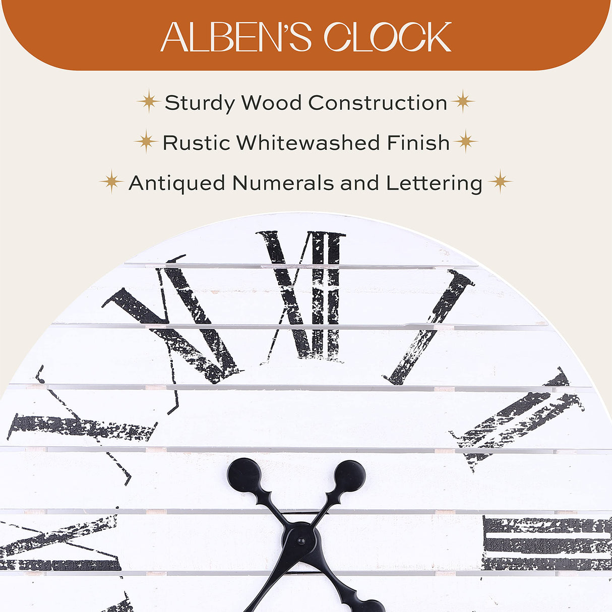 ALBEN Large Farmhouse Wall Clock - 24 inch Round Shiplap Farmhouse Style Clock Bundled with Decorative Reversible Wooden Sign ALBEN