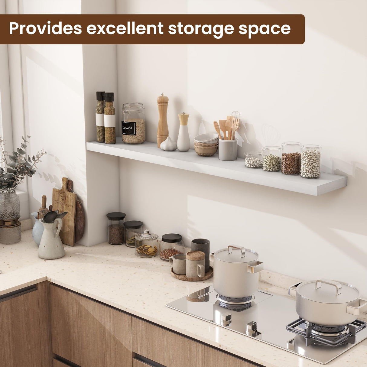 Heimlove Wood Floating Shelves for Wall,Fireplace Mantel Shelves,Rustic Farmhouse Floating Shelves 48 inch,Solid Pine Wood Wall Shelf for Bathroom,Bedroom,Living Room,Kitchen,Office Decor-White Heimlove