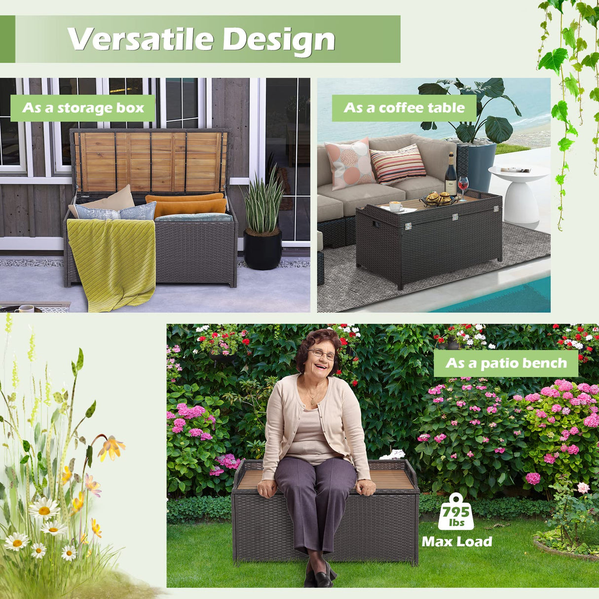 Tangkula 45 Gallon Outdoor Storage Bench, Mix Brown Rattan Storage Container with Zippered Liner, Acacia Wood Top Lid, Sturdy Gas Strut Support, 3-in-1 Multifunctional Deck Box for Front Porch, Garden Tangkula