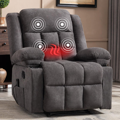HAOMARKETS Classic Manual Recliner with Massage and Heat for Adults, Soft Fabric Recliners with Two Cup Holders, Overstuffed Heavy Duty Reclining Chair for Living Room, Grey