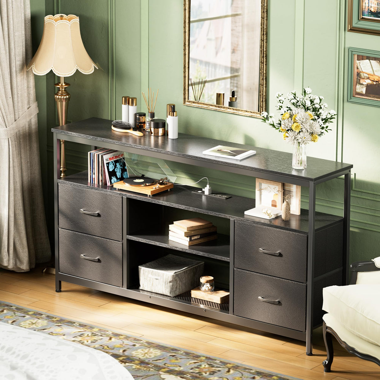 Huuger TV Stand Dresser with Power Outlets and LED Lights, 4 Drawers Entertainment Center with Shelf, 54 Inch Media Console for 55 60 Inch TV, 4 AC Outlets, 2 USBs, Dresser with PU Finish, Black Huuger