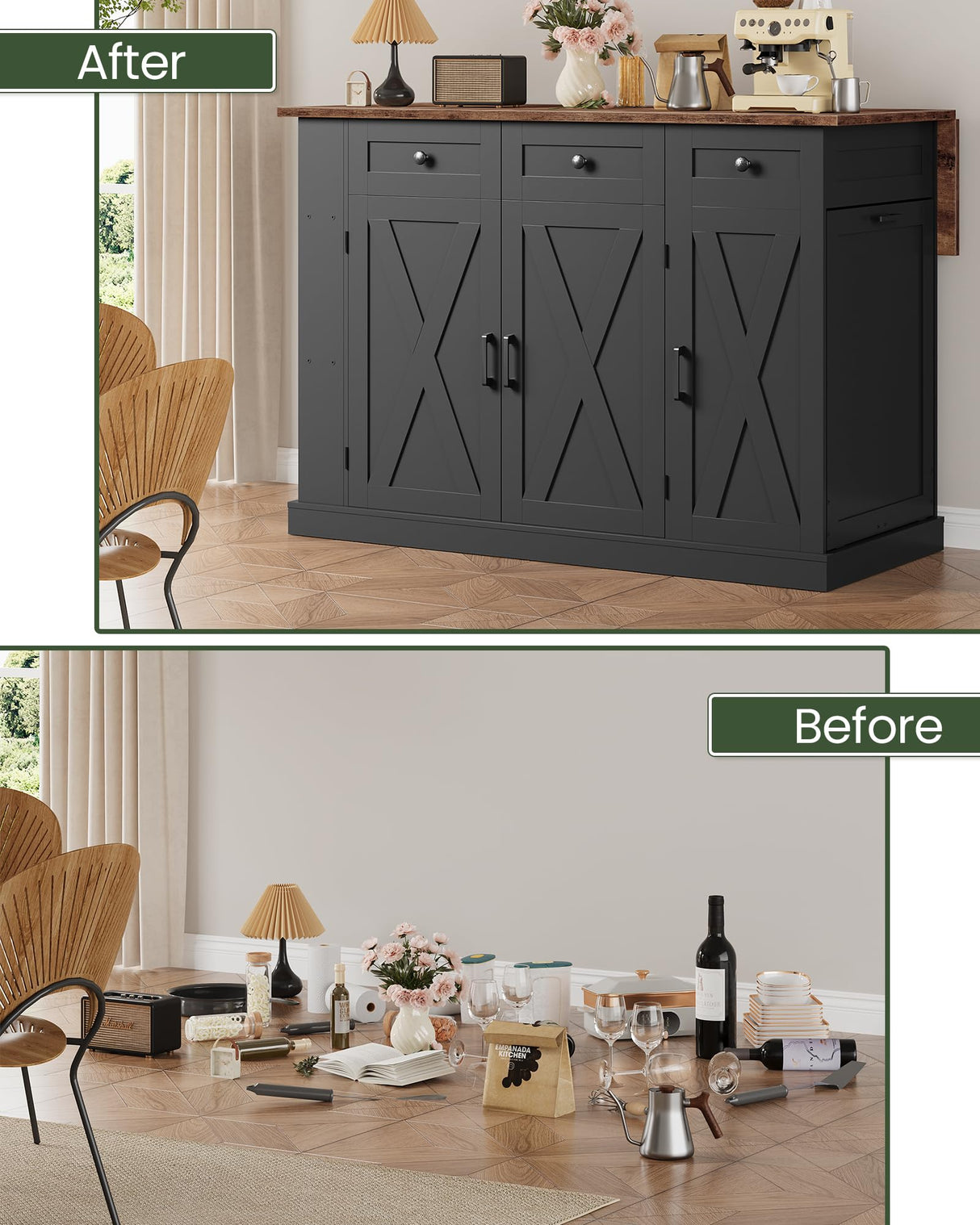 CHOEZON 51.2" Movable Kitchen Island Table with Foldable Top, Kitchen Island Cart with Storage, Trash Bin Cabinet, 2 Drawers, Spice Rack, Shelf Adjustable, Black and Rustic Brown MZD03BF CHOEZON