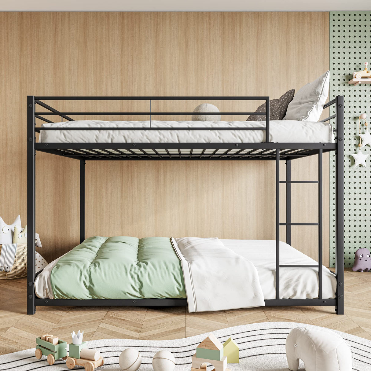 JURMERRY Metal Bunk Bed Full Over Full Beds with Sturdy Guard Rail & Ladder, Space-Saving Design No Box Spring Needed,Black JURMERRY