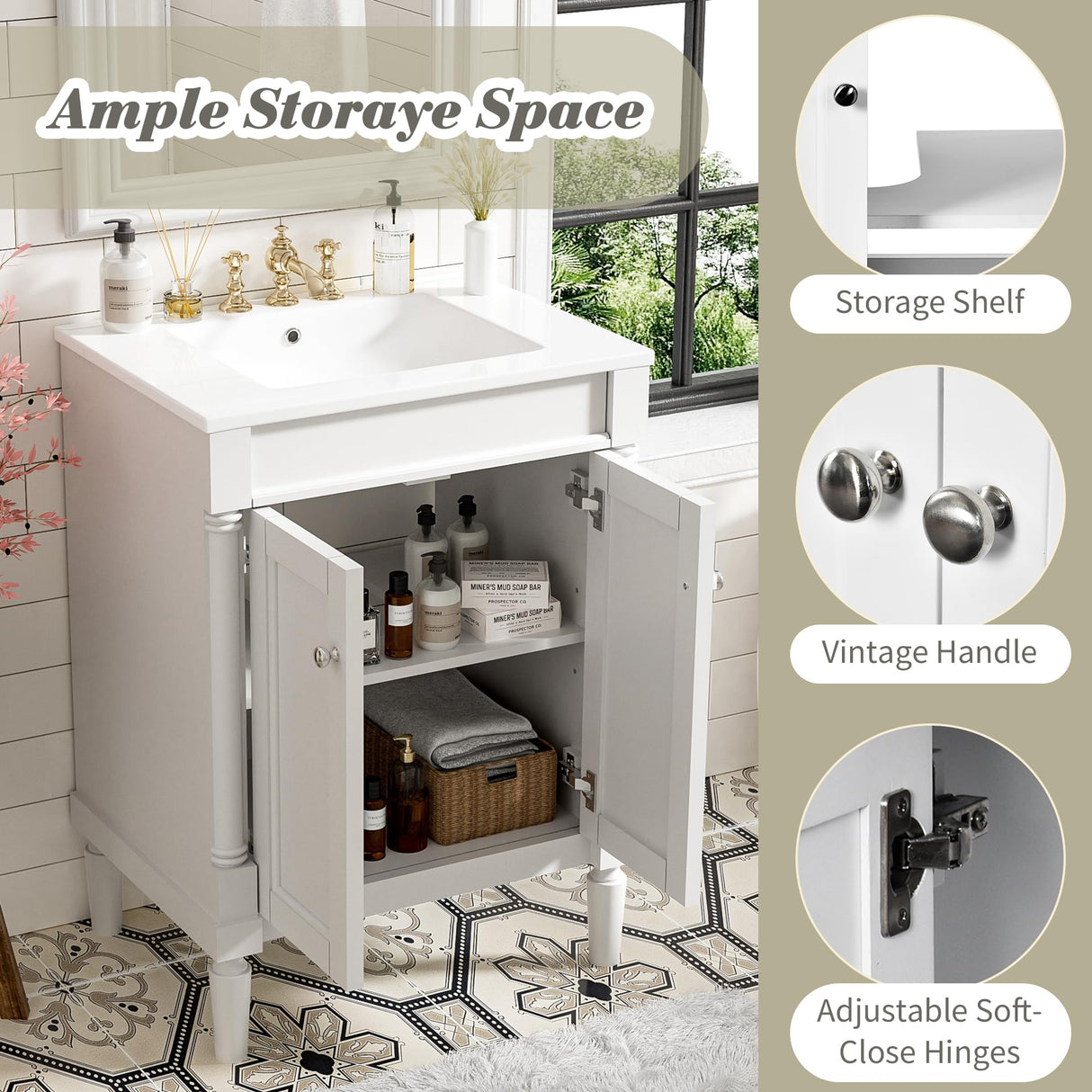 Virubi 24 Inch Bathroom Vanity with Single Sink Combo Set, Modern Bathroom Storage Cabinet with Double Soft Closing Doors, Solid Wood Frame Bathroom Vanities. Virubi