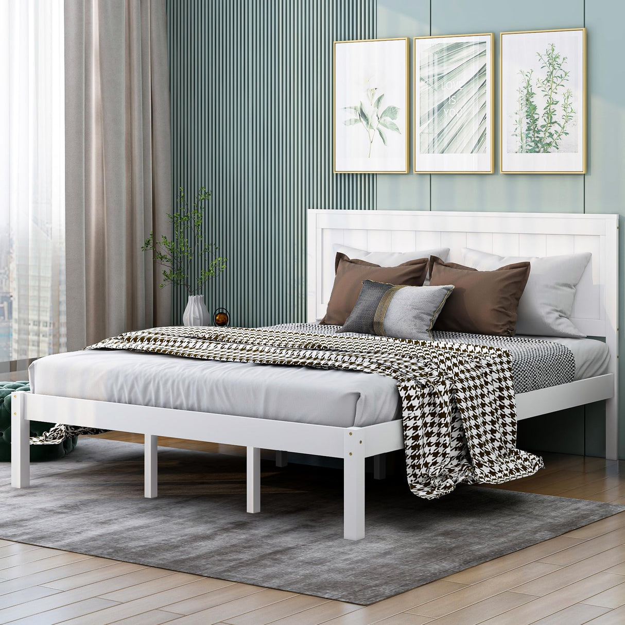 Merax Queen Size Wood Platform Bed with Headboard – White Finish, No Box Spring Needed Merax