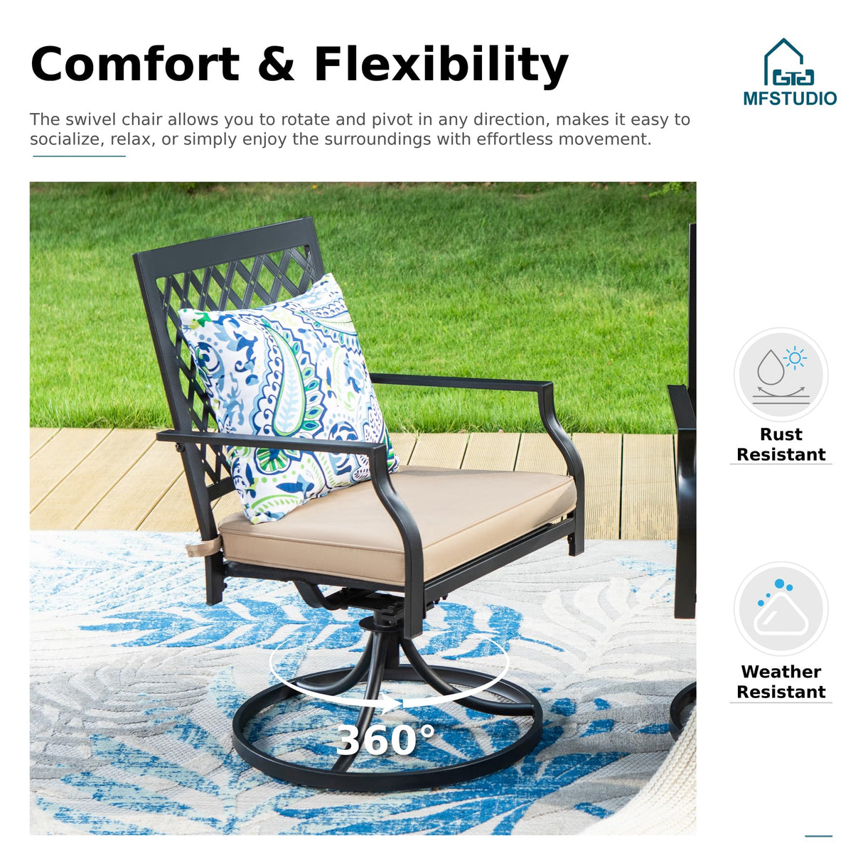 MFSTUDIO 9PCS Outdoor Patio Dining Set, Outdoor Table Chair Set with 1 Large Rectangular Expandable Table, 8 Armrest Chairs Include 6 Fixed and 2 Swivel Chair with Removable Cushions MFSTUDIO