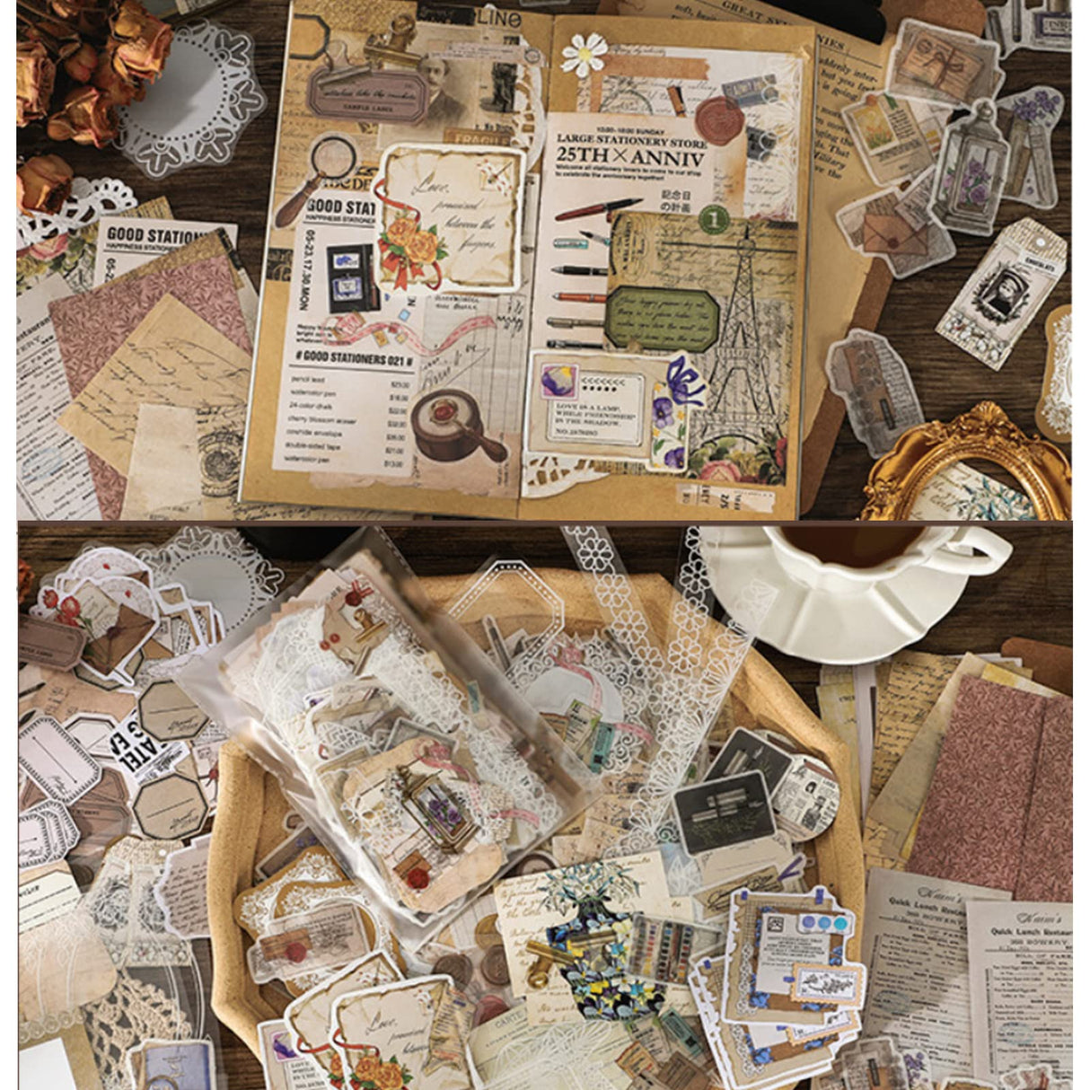 260PCS Vintage Journaling Scrapbooking Supplies Scrapbook Sticker Paper Ephemera Pack for Bullet Junk Journal Planners Collage Craft Notebooks Album (Pen Ink and Letter) Esweny