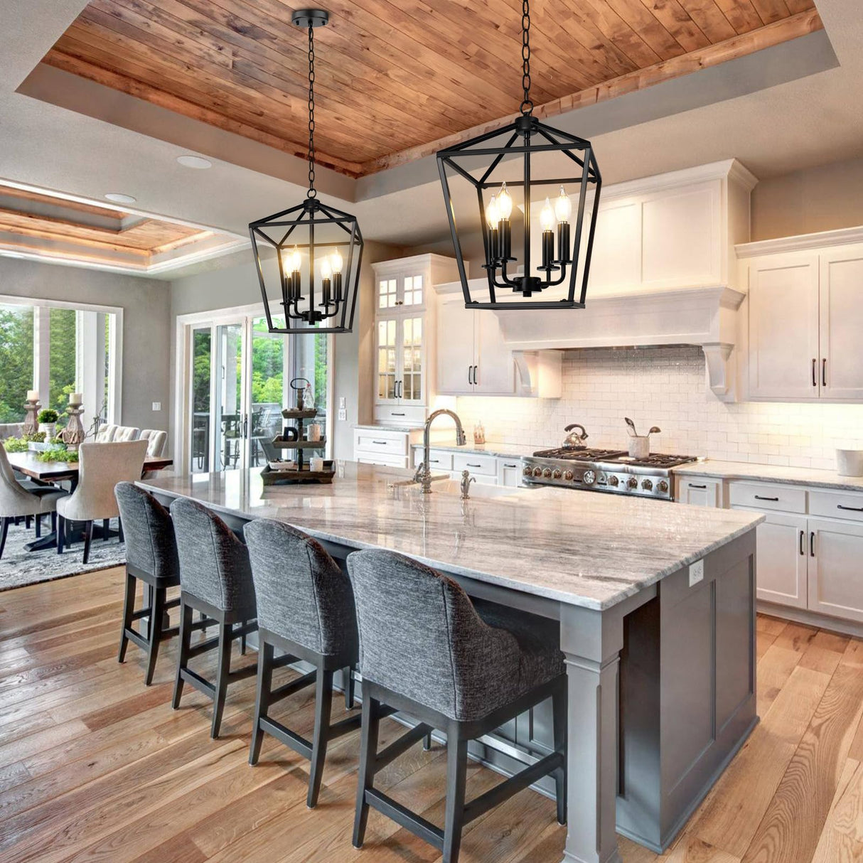 BrightHome Farmhouse Chandelier 4-Light, Black Pendant Light Fixture for Kitchen Island Dining Room, Lantern Industrial Lighting Ceiling Hanging with Metal Cage Adjustable Height for Entryway Foyer BrightHome