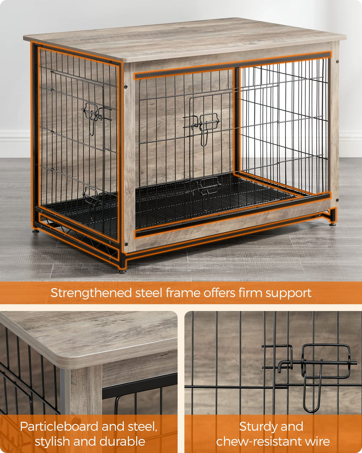 Feandrea Dog Crate Furniture, Side End Table, Modern Kennel for Dogs Indoor up to 70 lb, Heavy-Duty Dog Cage with Multi-Purpose Removable Tray, Double-Door Dog House, Greige UPFC003G01 Feandrea