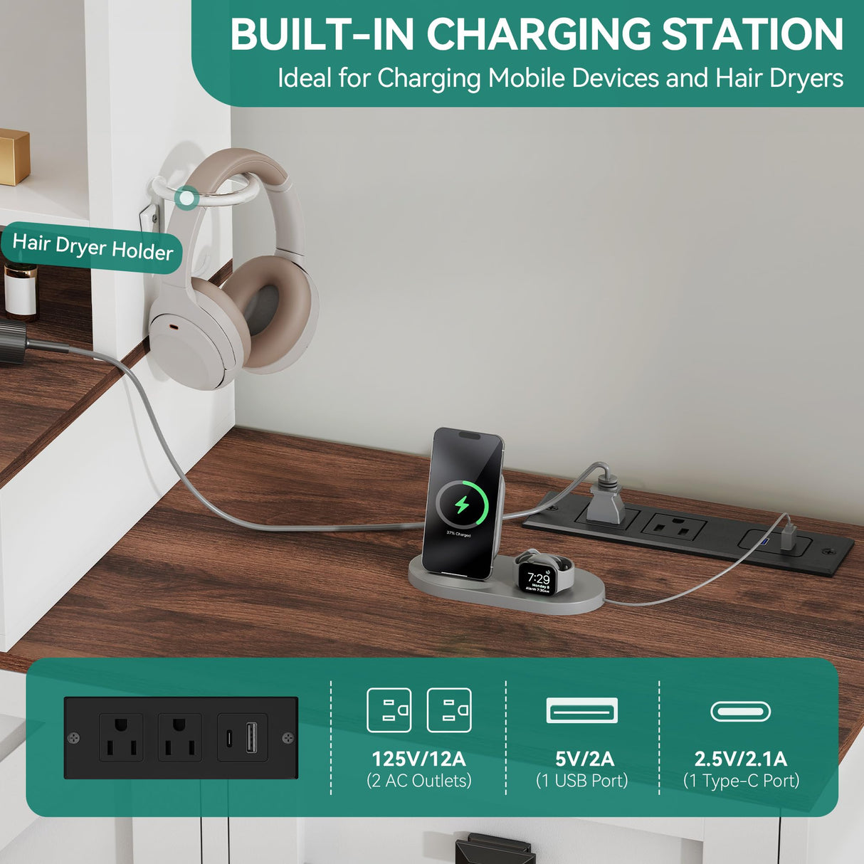 DWVO L Makeup Vanity Desk with Mirror and Lights, Farmhouse Big Lighted Vanity Table Set with 6 Drawers and Cabinet Shelves, 360° Rotation Large Dressing Table for Bedroom, White DWVO