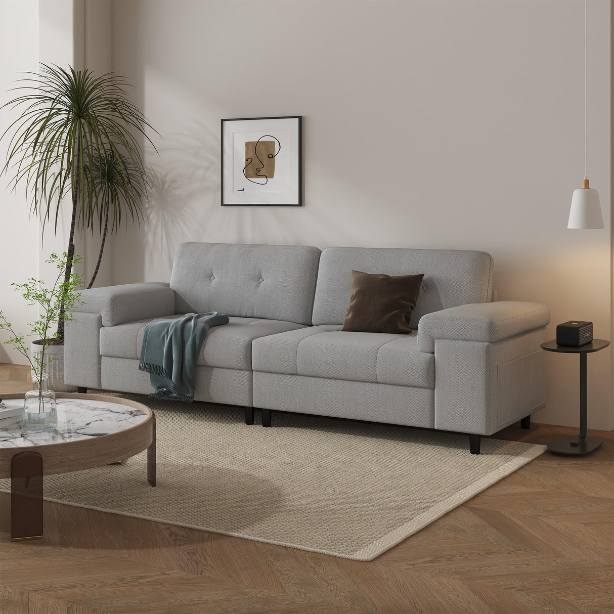 85 Inch Modern 3 Seater Sofa for Living Room, Deep Seat Chenille Couch with Adjustable Wide Armrest & Plush Backrest, Button Tufted Comfy Bedroom Sofa, Easy Assembly, Grey IDEALHOUSE