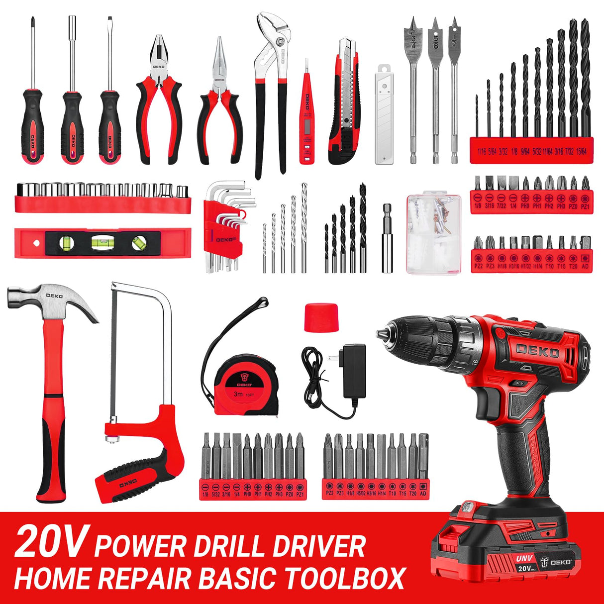 Red Drill Tool Kit Set: 20V Cordless Power Drill Tool Box with Battery Electric Drill Driver for Men Home Hand Repair Basic Toolbox Tools Sets Drills Case DEKOPRO