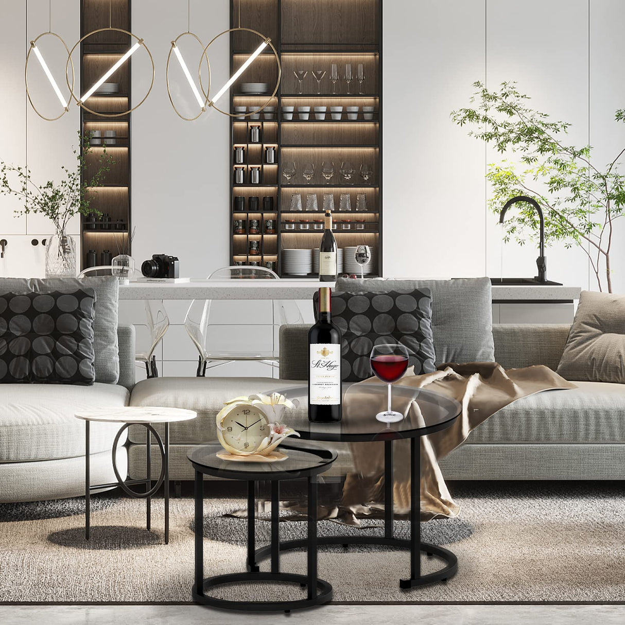 aboxoo Black Nesting Coffee Glass Table Set of 2, Metal Freme Side End Tables for Living Room Bedroom for Apartment Small Place Modern Industrial Simple, 23.6D x 23.6W x 17.7H in aboxoo