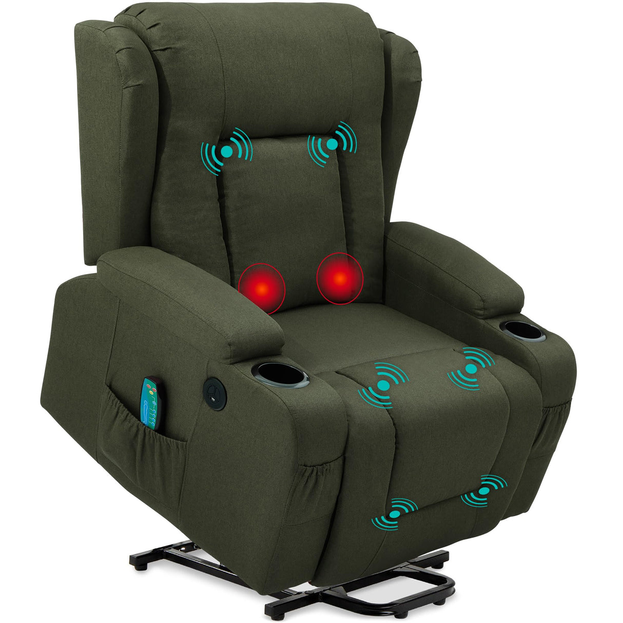Best Choice Products Modern Linen Electric Power Lift Chair, Recliner Massage Chair, Adjustable Furniture for Back, Legs w/ 3 Positions, USB Port, Heat, Cupholders, Easy-to-Reach Button - Olive Best Choice Products