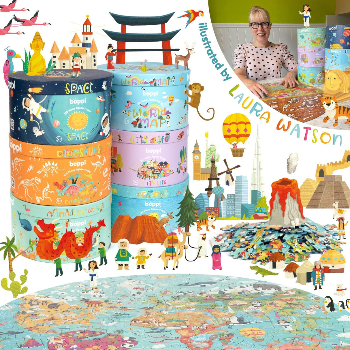 boppi World Map Round Jigsaw Puzzle with 100% Recycled Card 150 Pieces with Animals for Children 5 6 7 8 Years 58cm Diameter boppi