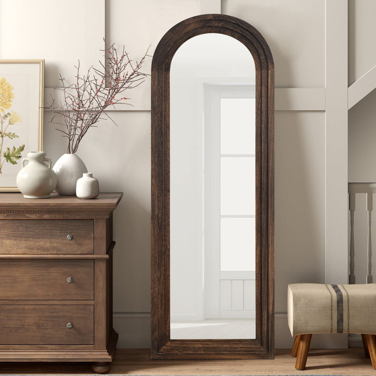 KIAYACI Arched Floor Mirror Wood Frame Wall Mounted Mirror Distressed Style Wide Frame Dressing Make Up Mirror for Bathroom/Bedroom/Living Room/Dining Room/Entry/Farmhouse (Coffee, 64" x 21") KIAYACI