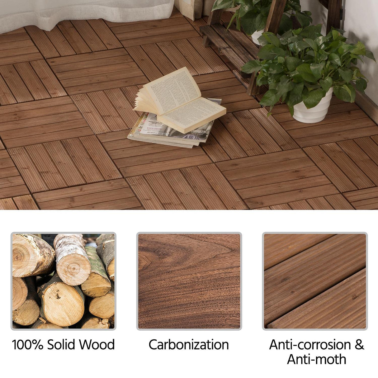 Yaheetech 12 x 12'' Patio Deck Tiles Interlocking Wood Floor Tiles Indoor & Outdoor for Patio Garden Deck Poolside Pack of 11 Tiles Brown Yaheetech