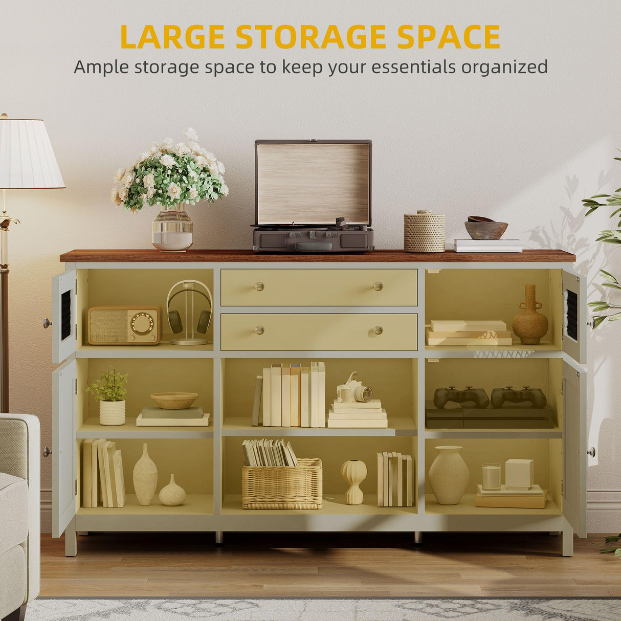 DWVO Farmhouse Buffet Cabinet with Storage, 59" Kitchen Coffee Bar Cabinet, 2 Large Drawers, Visual Grid Door, Storage Shelves for Kitchen & Living Room, Antique White DWVO