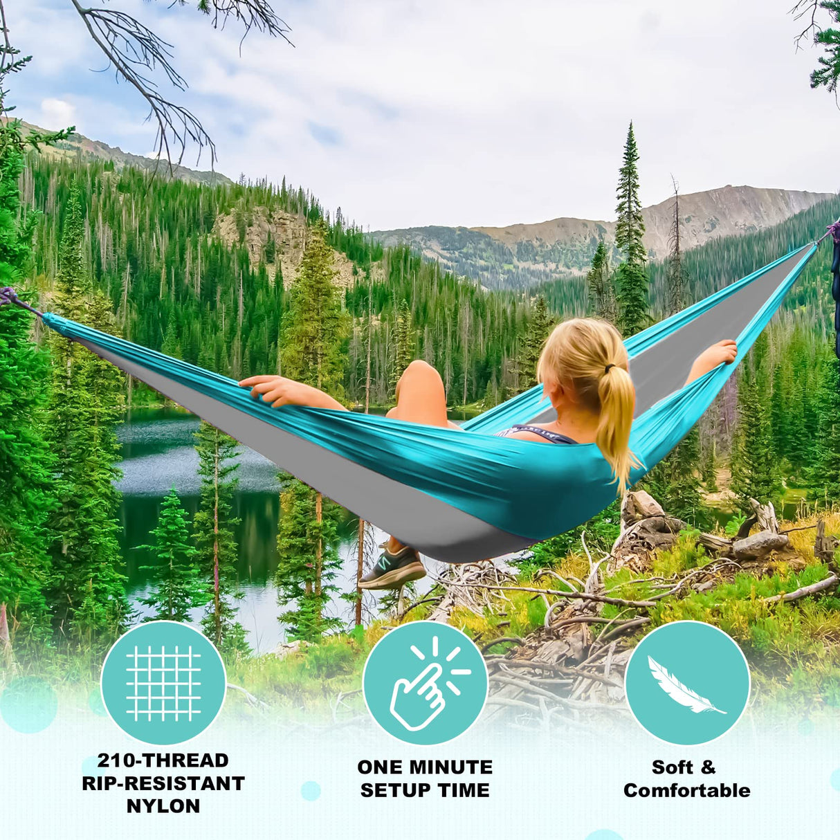 SZHLUX Camping Hammock Double & Single Portable Hammocks with 2 Tree Straps and Attached Carry Bag,Great for Outdoor,Indoor,Beach,Camping,Light Grey / Sky Blue SZHLUX