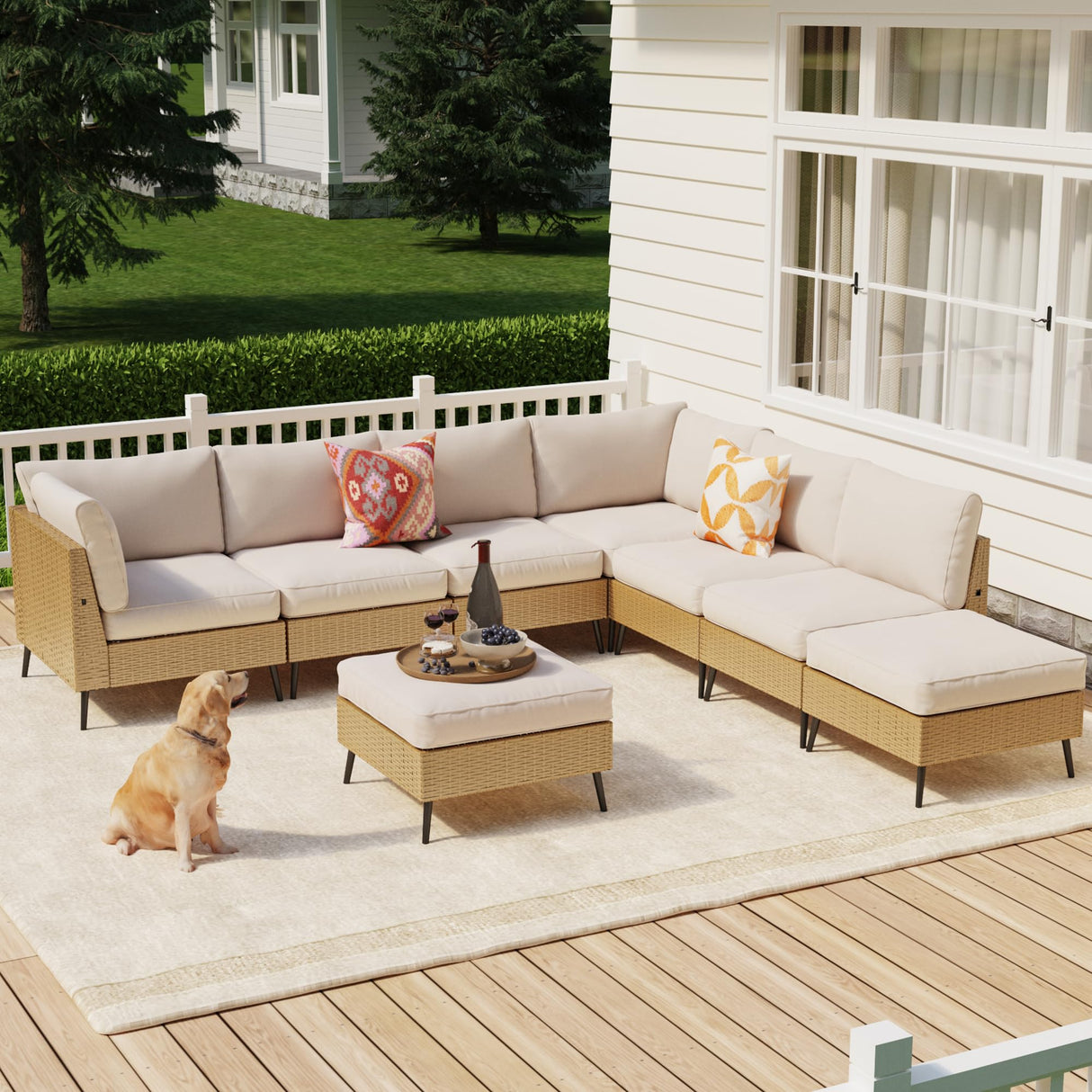 SUNCOZE Outdoor Sectional Furniture, 8 Pieces Outdoor Patio Furniture Sets PE Rattan Wicker Sofa Set, All Weather Patio Conversation Set with Cushion and Ottoman for Deck Lawn Pool SUNCOZE