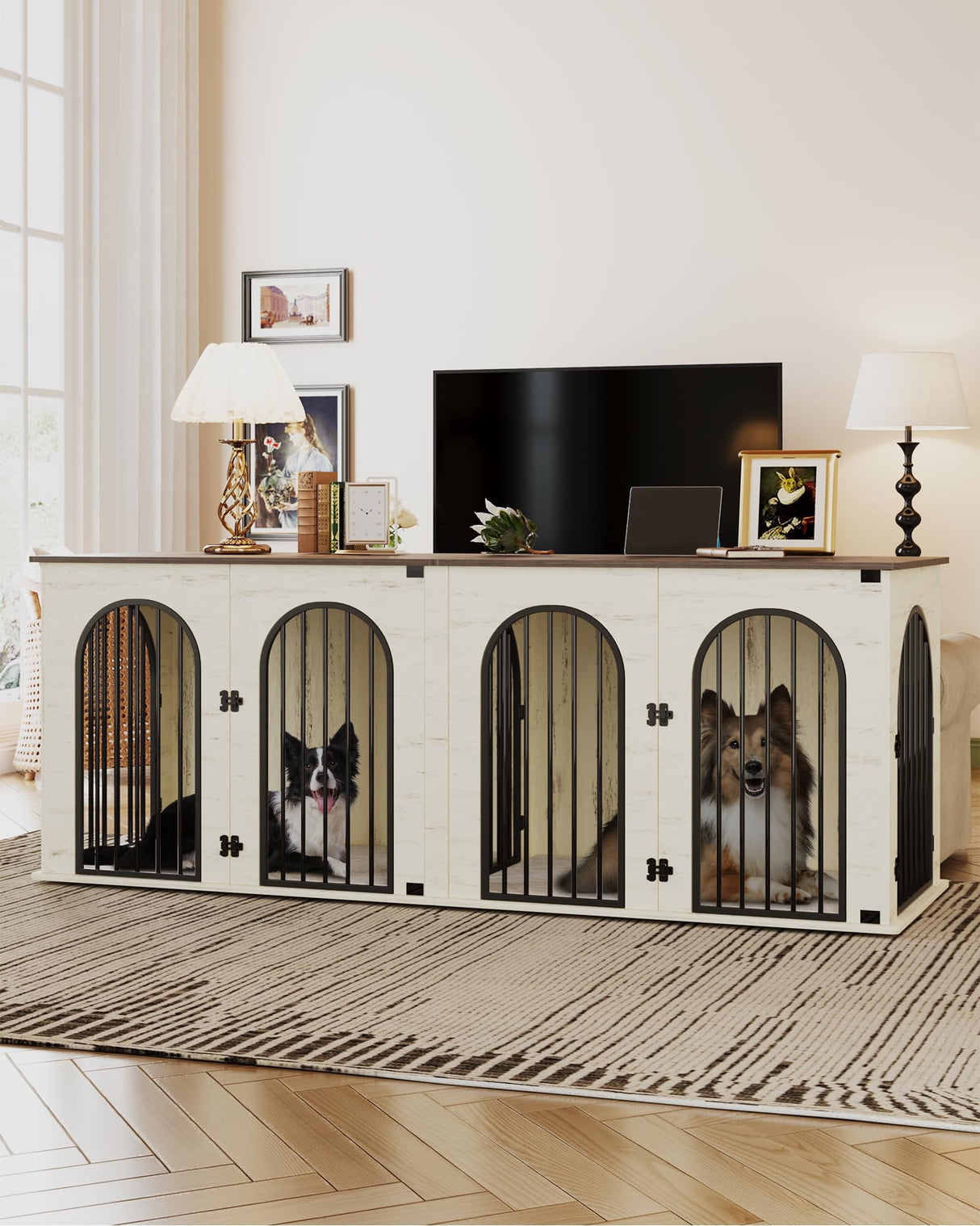 Hzuaneri 88.4" Dog Crate Furniture for 2 Dogs, Heavy Duty Indoor Dog Kennel TV Stand, XXL Wooden Dog Cage with Divider for Medium Large Dogs, End Table Dog Crate with Cushion, White Brown DFC84014BV1 Hzuaneri